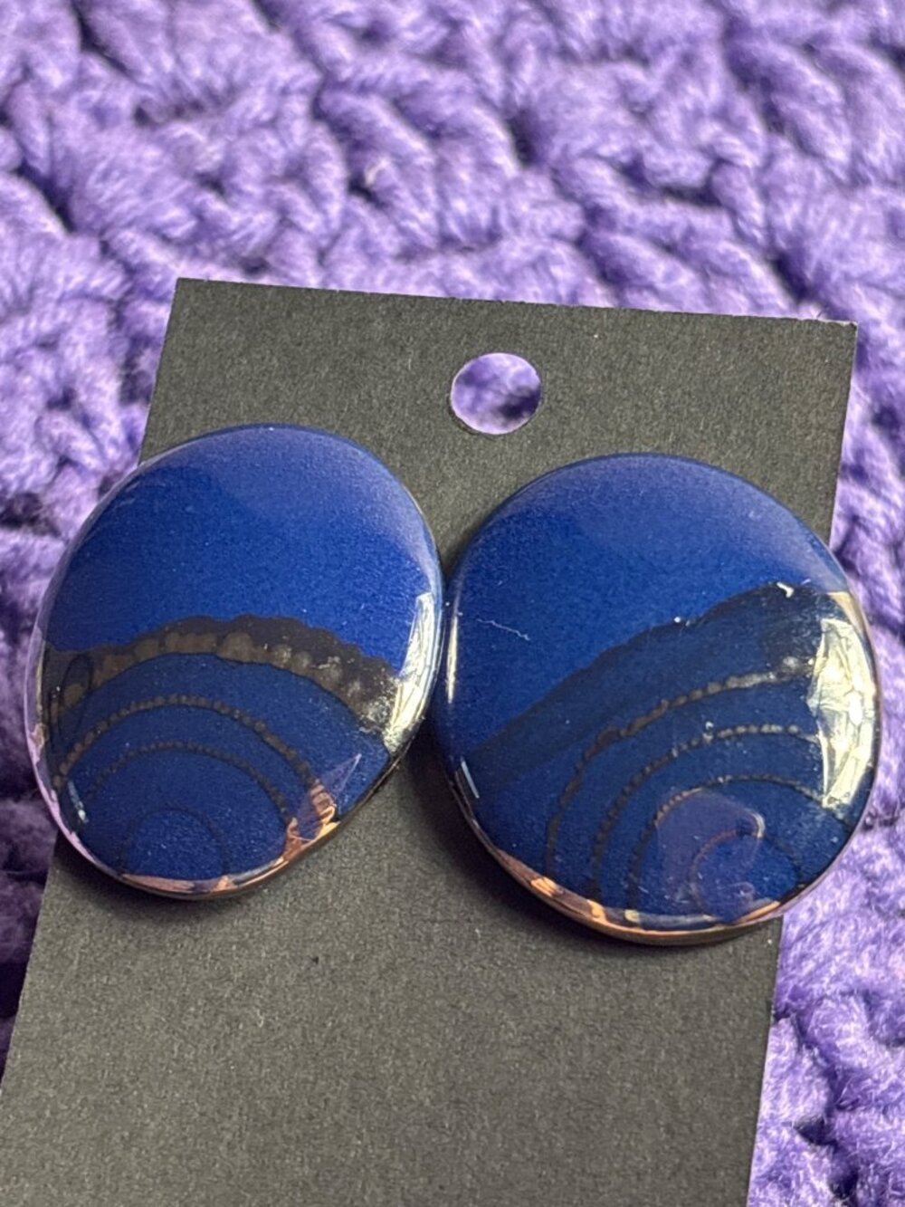 Vintage Glazed Ceramic Oval Stud Earrings Blue Silvertone 1 3/8 inches